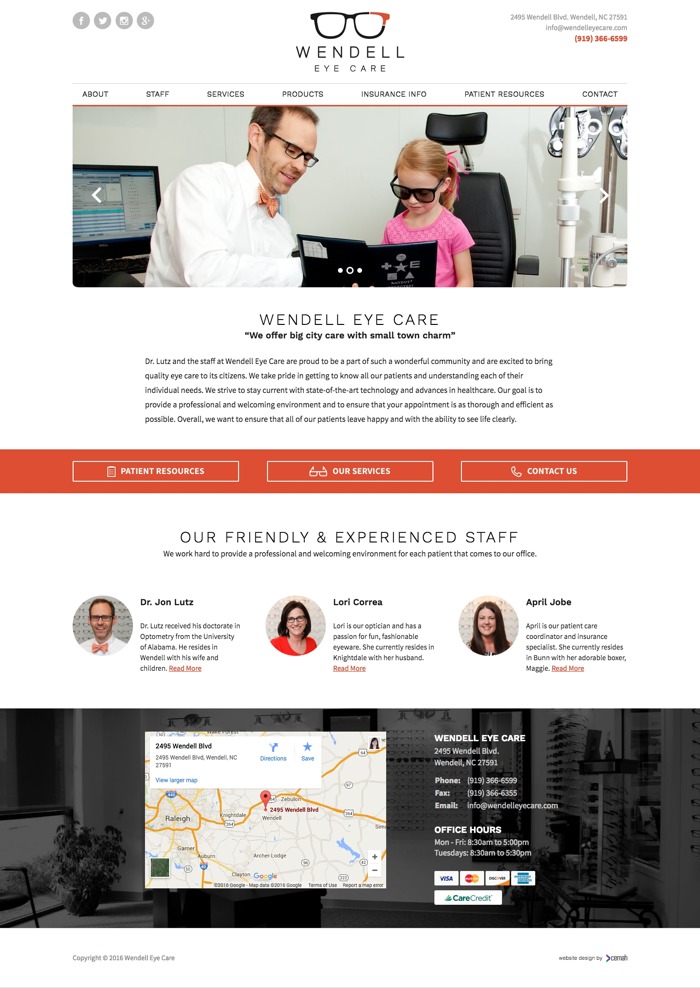 Optometry website design thumbnail featuring the homepage for an eye care office small business