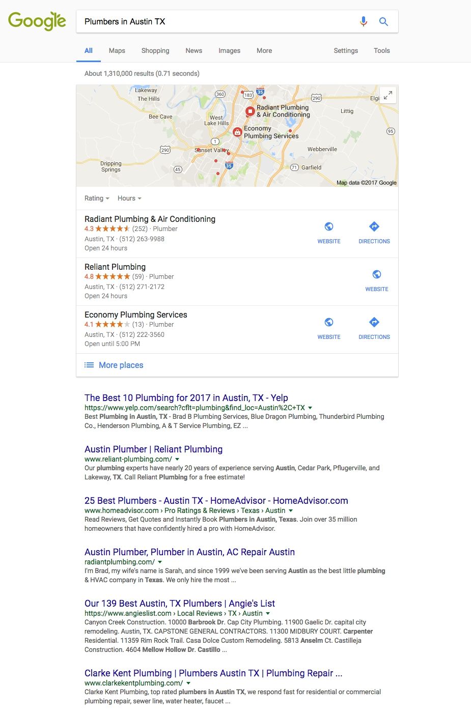 Small business search engine listing for a plumber in Austin, Texas