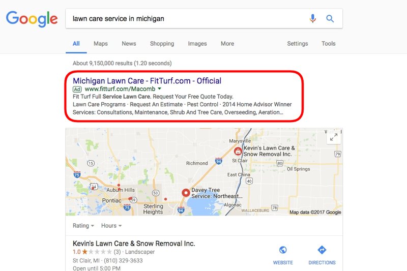 Pay-per-click advertising search result on Google for a lawn care service.
