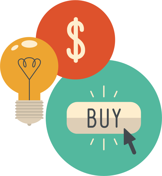 Buy button illustration with lightbulb and money symbol