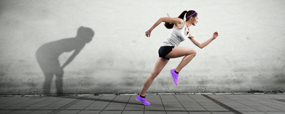 Woman running going from sluggish to revved up.