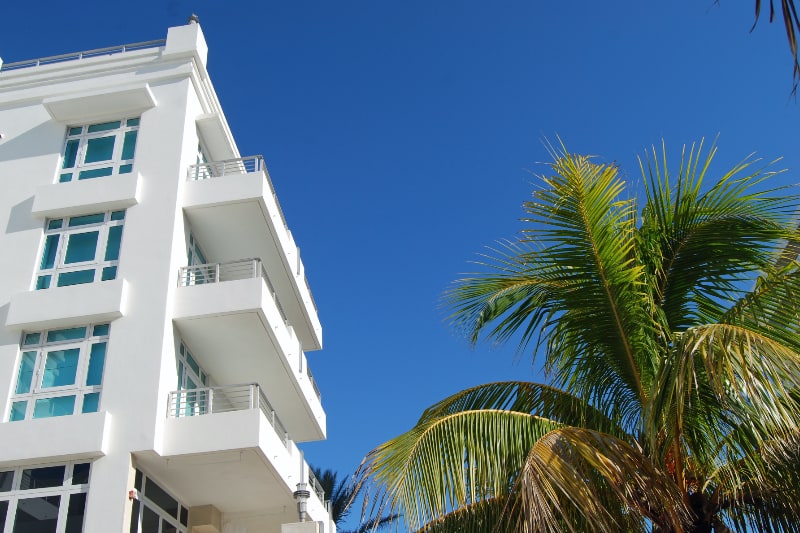 looking up at condo complex balconies with palm tree in foreground
