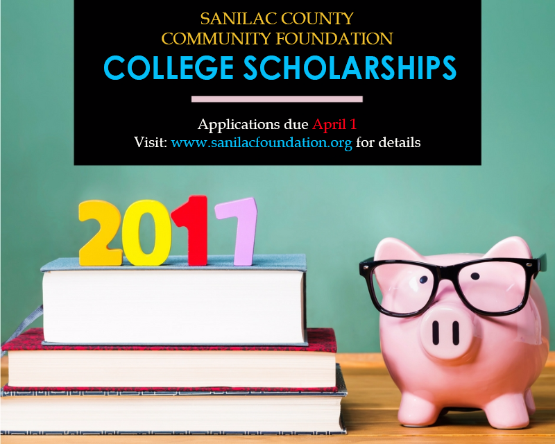 Sanilac County Community Foundation College Scholarships; Applications due April 1; image of 2017 on stack of books with piggy bank wearing glasses