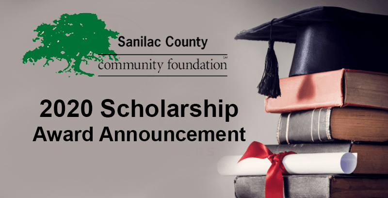 Sanilac County Community Foundation 2020 Scholarship Award Announcement; image of graduation cap and diploma displayed on books