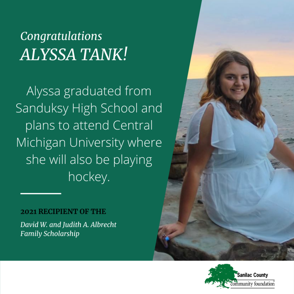 Congratulations Alyssa Tank! Alyssa graduated from Sandusky High School and plans to attend Central Michigan University where she will also be playing hockey. 2021 recipient of the David W. and Judith A. Albrecht Family Scholarship; image of a smiling woman in white dress posing on large rocks in lake