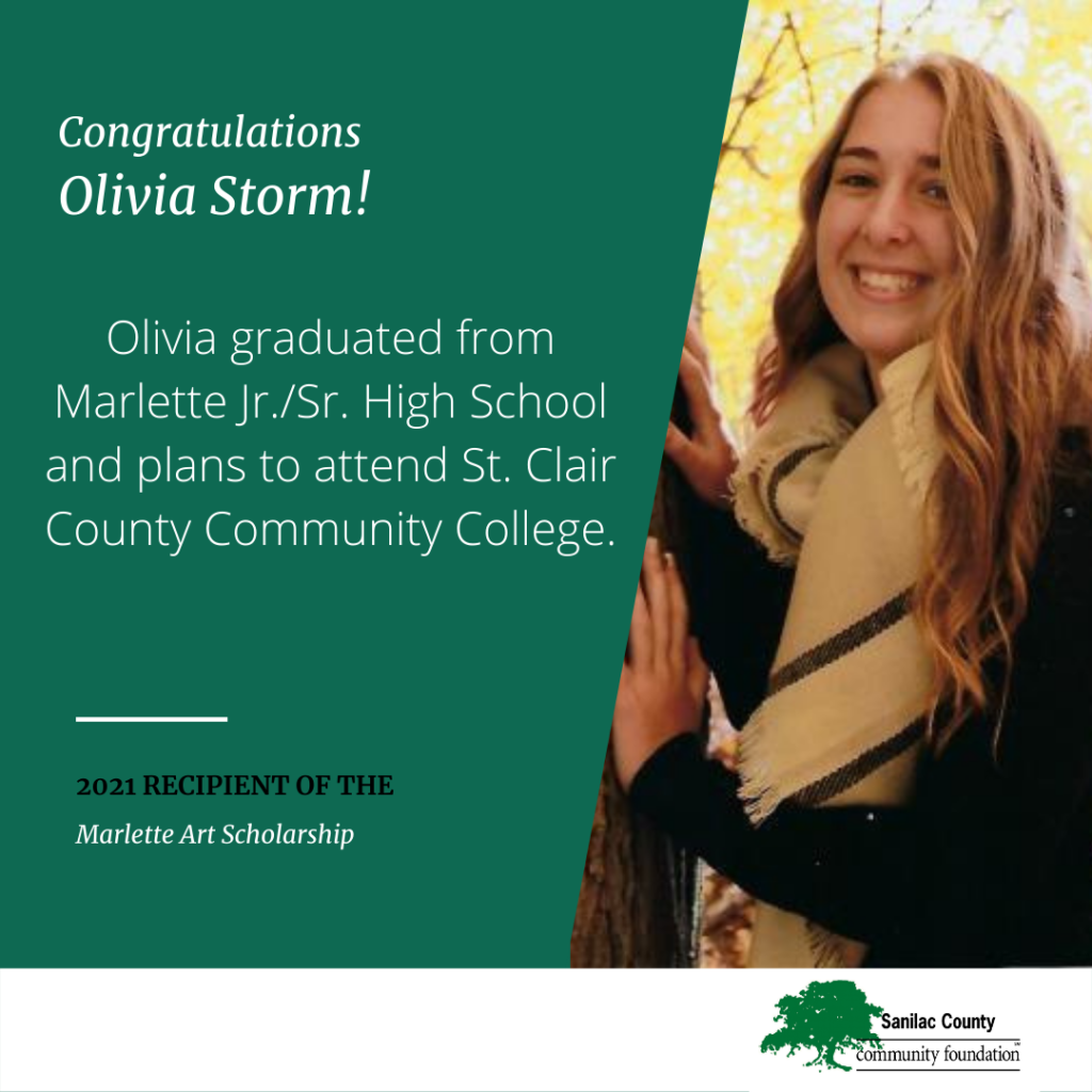 Congratulations Olivia Storm! Olivia graduated from Marlette Jr./Sr. High School and plans to attend St. Clair County Community College. 2021 Recipient of the Marlette Art Scholarship; image of a smiling woman leaning up against a tree trunk