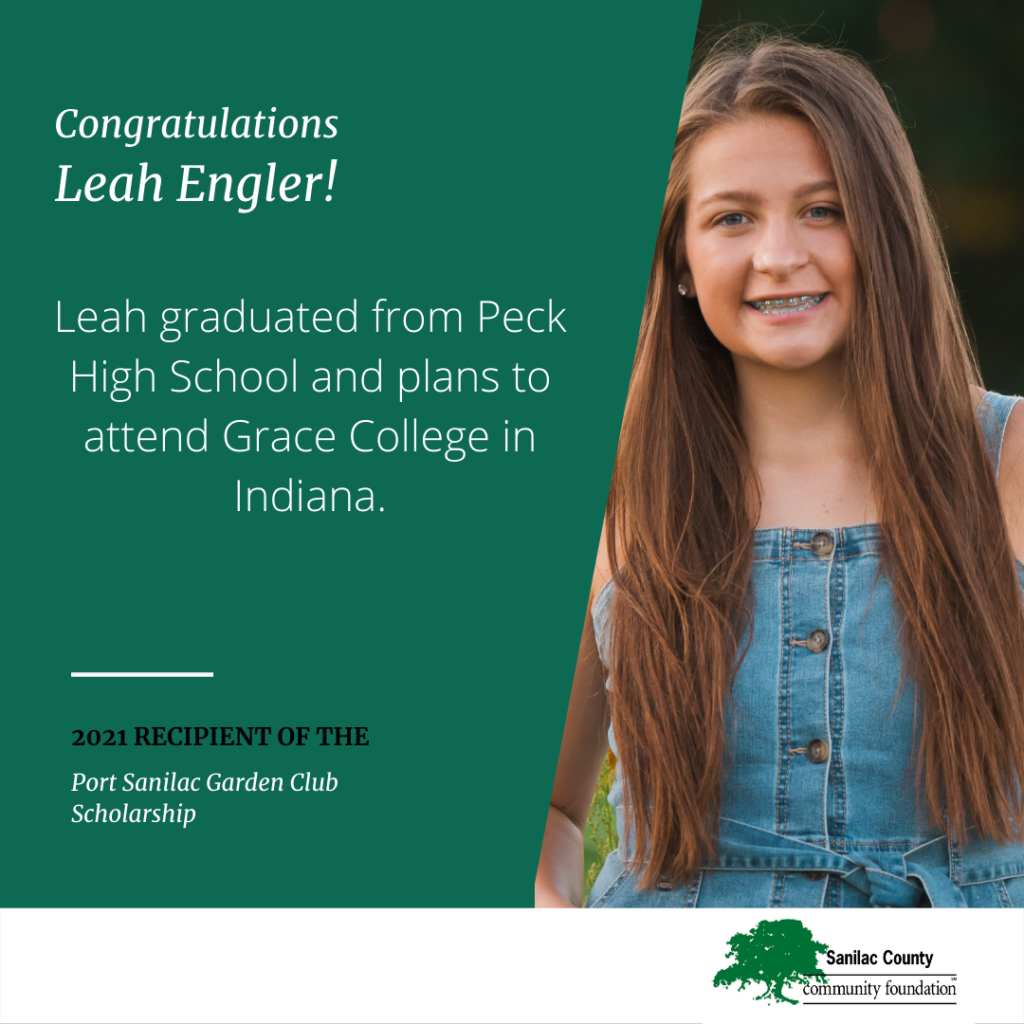 Congratulations Leah Engler! Leah graduated from Peck High School and plans to attend Grace College in Indiana. 2021 recipient of the Port Sanilac Garden Club Scholarship; image of young smiling woman in a denim dress