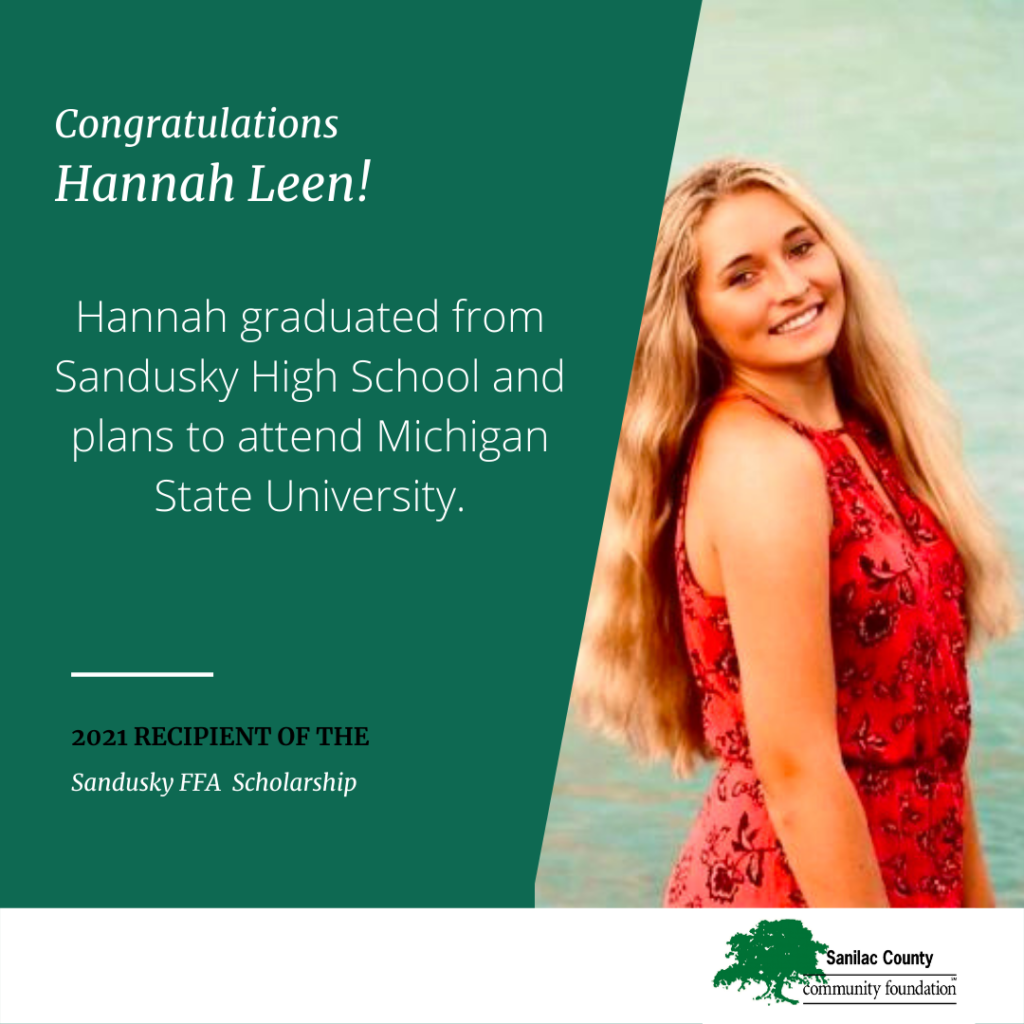 Congratulations Hannah Leen! Hannah graduated from Sandusky High School and plans to attend Michigan State University. 2021 recipient of the Sandusky FFA Scholarship; image of a smiling young woman with long blonde hair and red dress posing in front of water