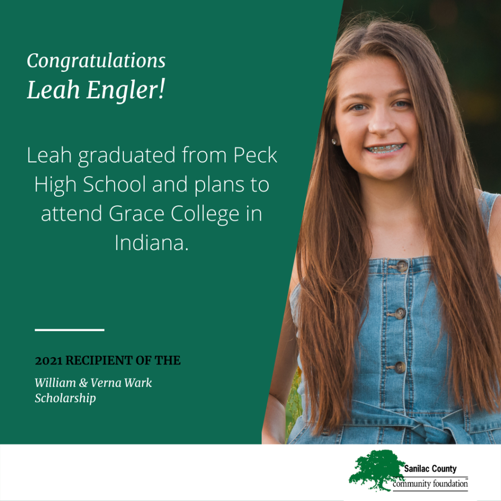 Congratulations Leah Engler! Leah graduated from Peck High School and plans to attend Grace College in Indiana. 2021 recipient of the William & Verna Wark Scholarship; image of young smiling woman in a denim dress